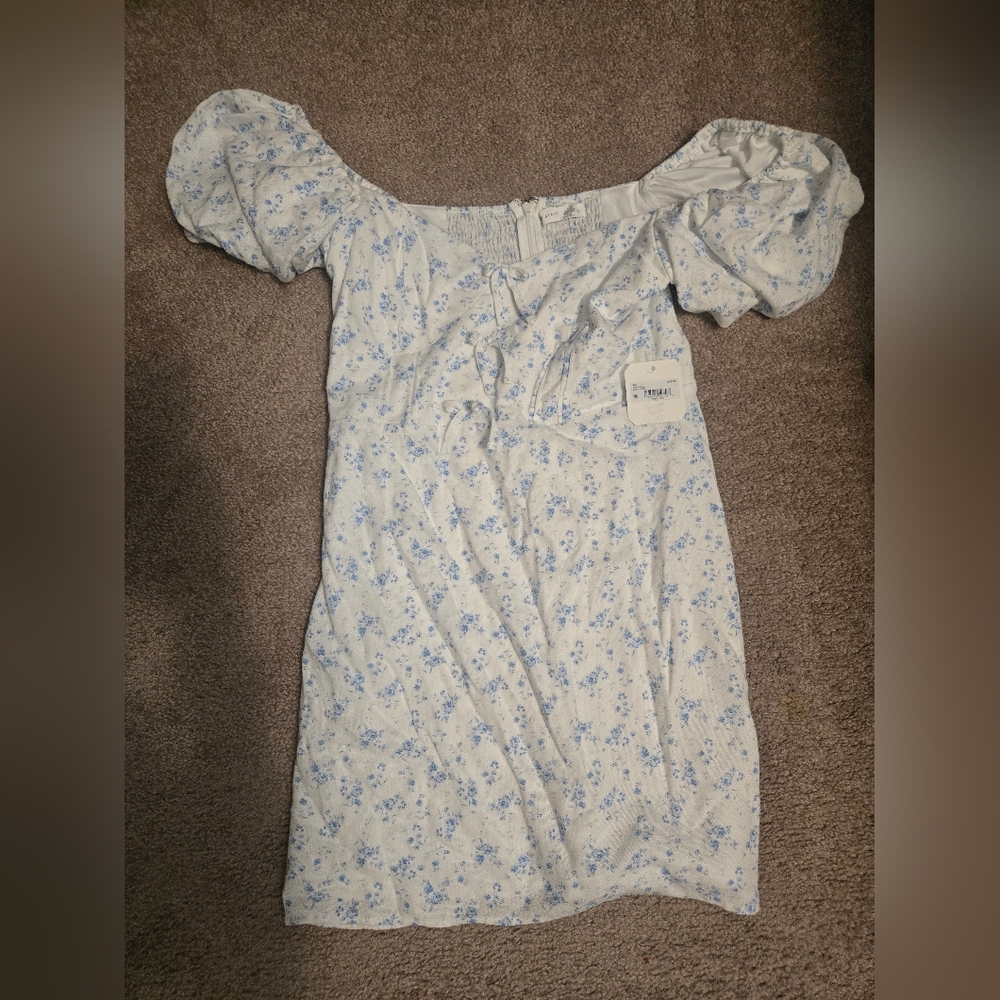 Altar'd State White Dress with Blue Floral Smocked Back